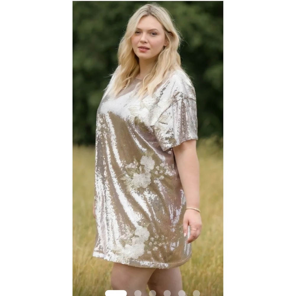Arula Xquisite Sequin Floral Mini Dress Women X XL‎ Rose Gold New Tie Back Shift